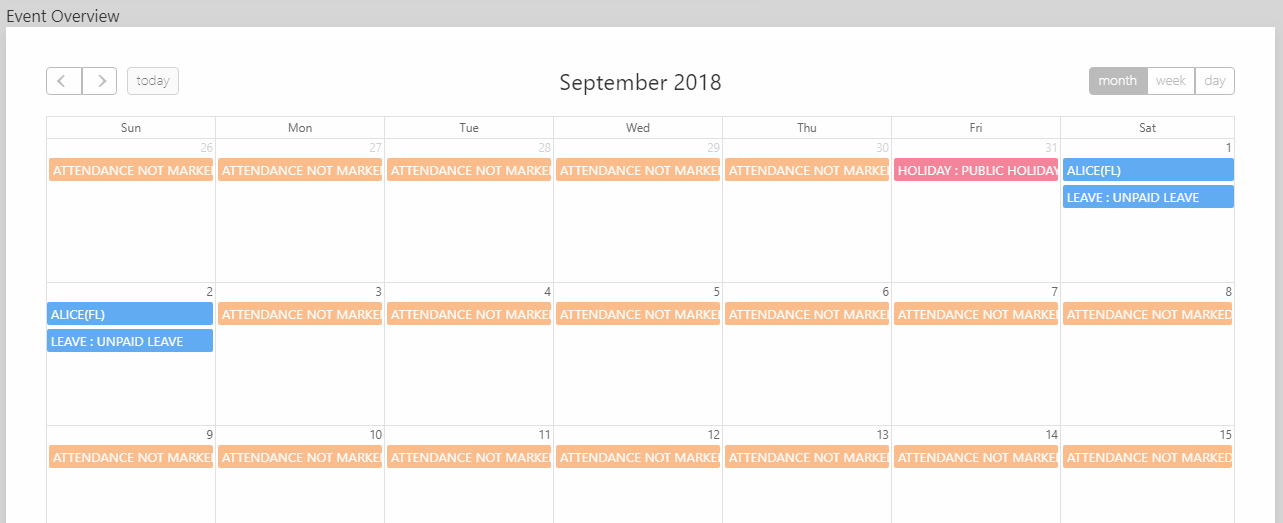 SHIFTHRM Dashboard Leaves & Holidays in Calendar