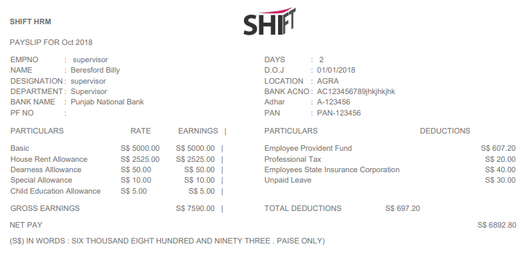 SHIFTHRM Employee-Wise PDF Payslip